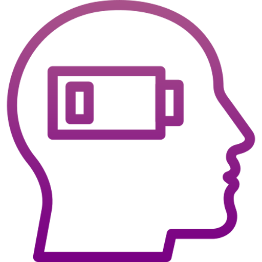 a purple outline of a head with a battery in the middle